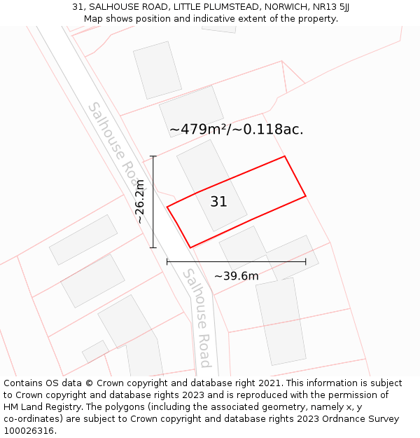 31, SALHOUSE ROAD, LITTLE PLUMSTEAD, NORWICH, NR13 5JJ: Plot and title map