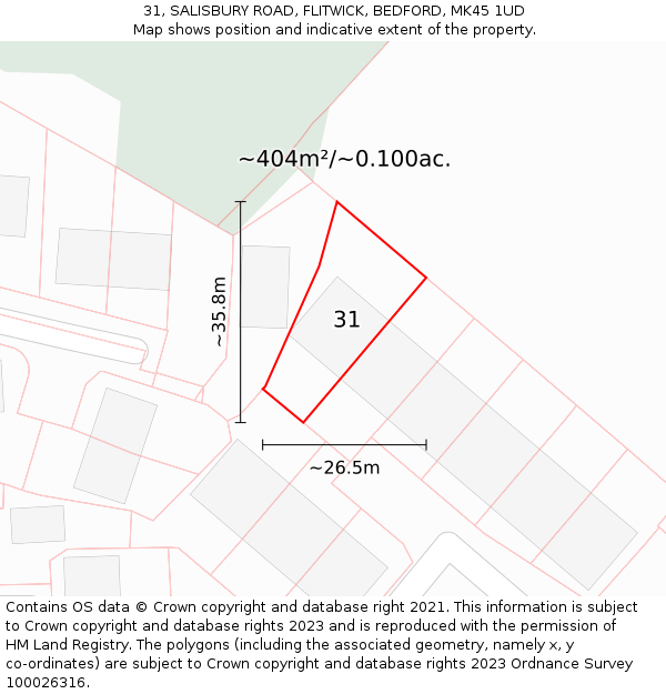 31, SALISBURY ROAD, FLITWICK, BEDFORD, MK45 1UD: Plot and title map