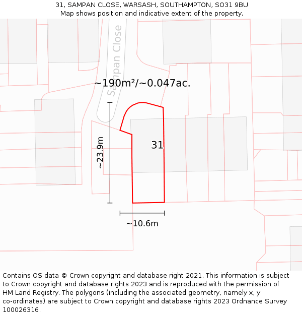 31, SAMPAN CLOSE, WARSASH, SOUTHAMPTON, SO31 9BU: Plot and title map