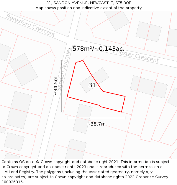 31, SANDON AVENUE, NEWCASTLE, ST5 3QB: Plot and title map