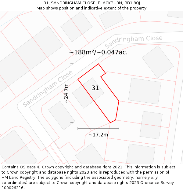 31, SANDRINGHAM CLOSE, BLACKBURN, BB1 8QJ: Plot and title map