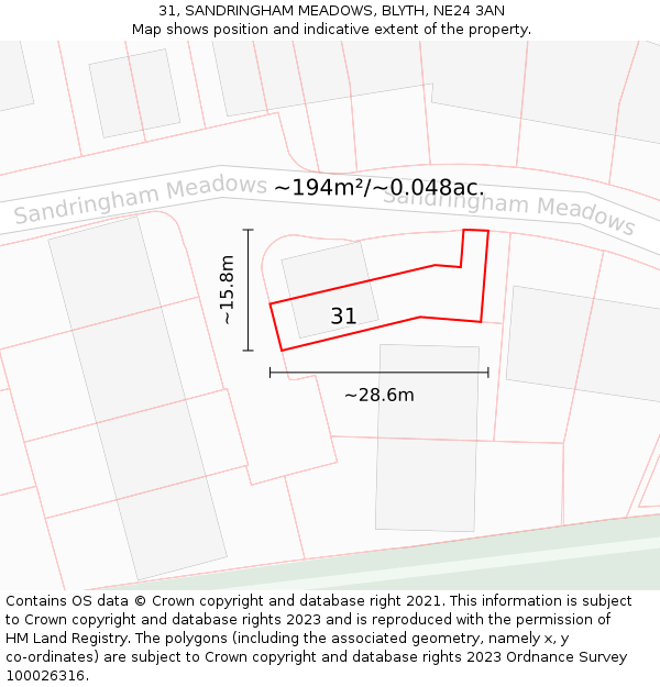 31, SANDRINGHAM MEADOWS, BLYTH, NE24 3AN: Plot and title map