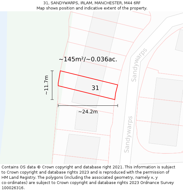 31, SANDYWARPS, IRLAM, MANCHESTER, M44 6RF: Plot and title map