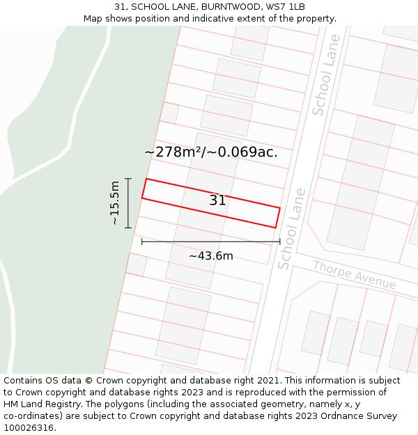 31, SCHOOL LANE, BURNTWOOD, WS7 1LB: Plot and title map