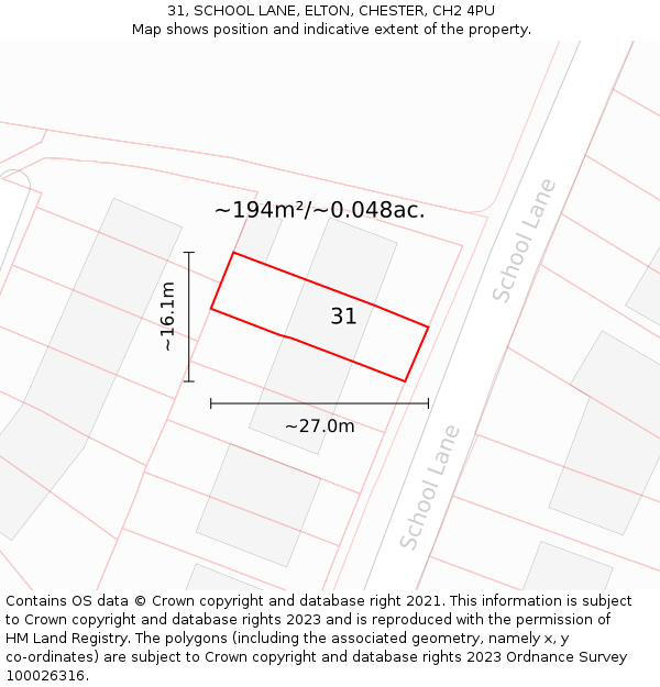 31, SCHOOL LANE, ELTON, CHESTER, CH2 4PU: Plot and title map