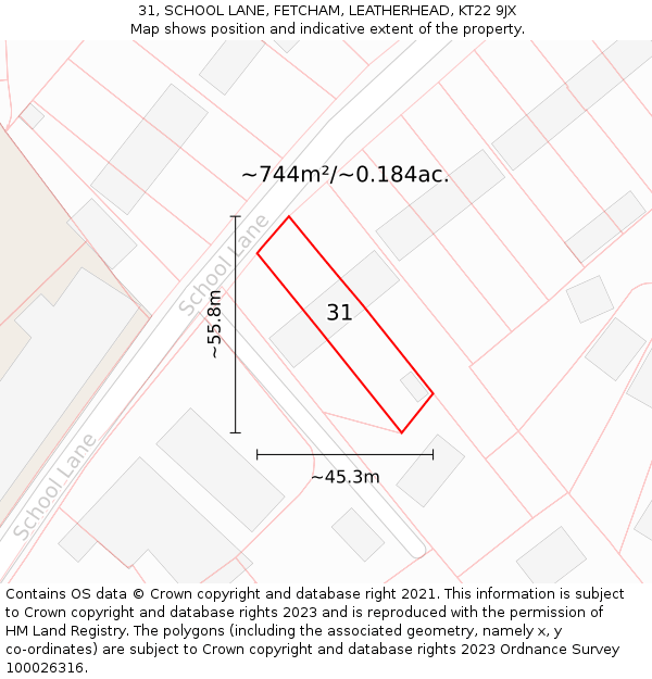 31, SCHOOL LANE, FETCHAM, LEATHERHEAD, KT22 9JX: Plot and title map