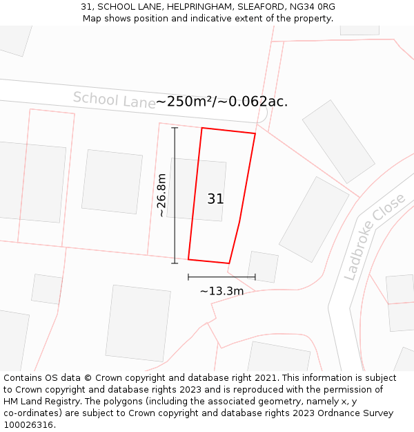 31, SCHOOL LANE, HELPRINGHAM, SLEAFORD, NG34 0RG: Plot and title map