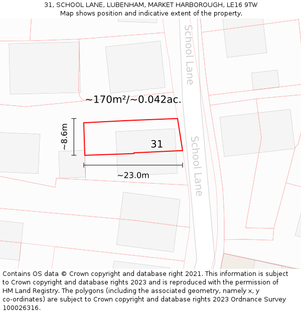 31, SCHOOL LANE, LUBENHAM, MARKET HARBOROUGH, LE16 9TW: Plot and title map