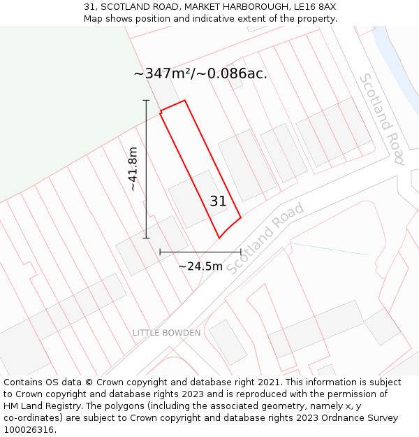 31, SCOTLAND ROAD, MARKET HARBOROUGH, LE16 8AX: Plot and title map