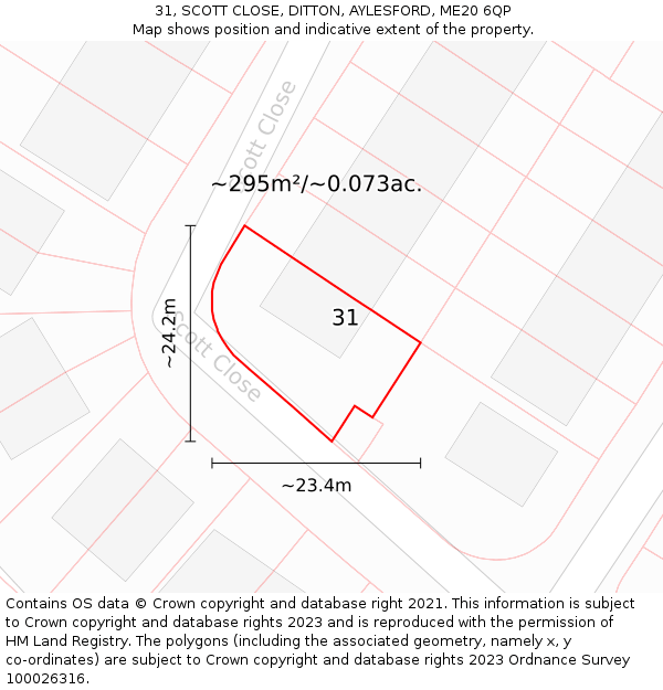 31, SCOTT CLOSE, DITTON, AYLESFORD, ME20 6QP: Plot and title map