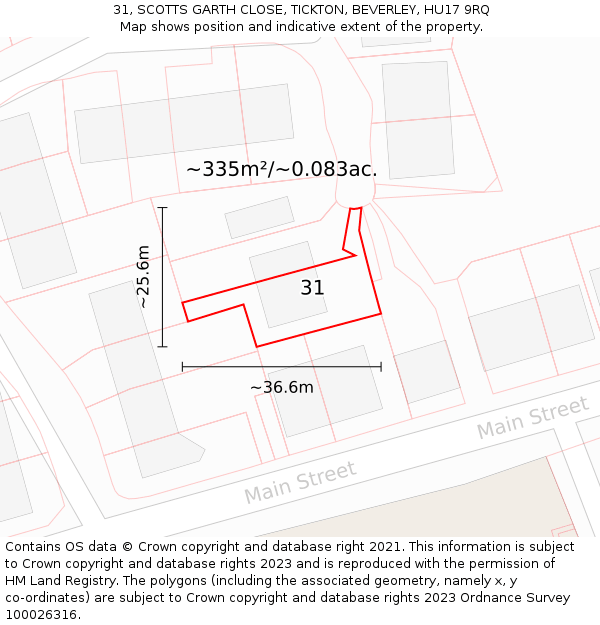 31, SCOTTS GARTH CLOSE, TICKTON, BEVERLEY, HU17 9RQ: Plot and title map