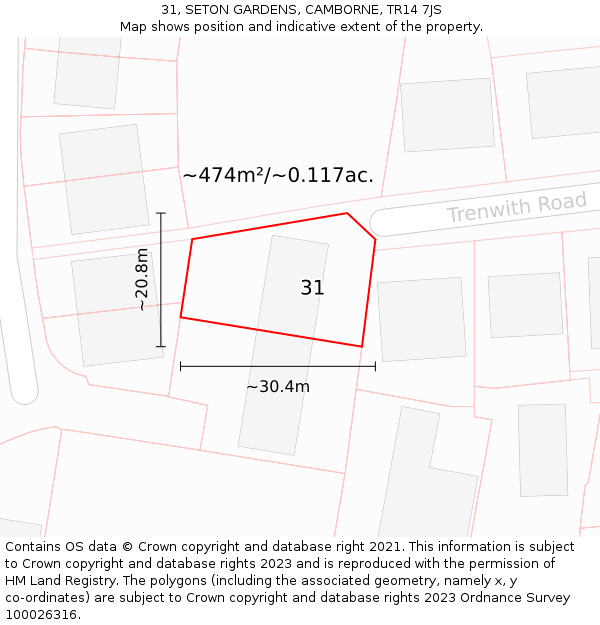31, SETON GARDENS, CAMBORNE, TR14 7JS: Plot and title map