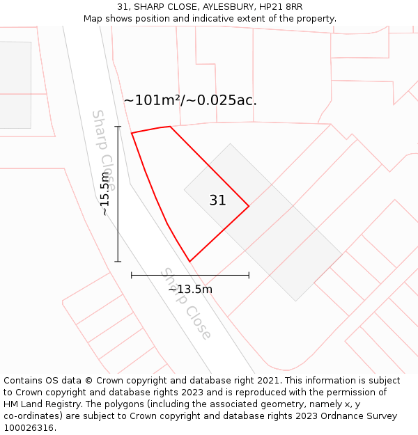 31, SHARP CLOSE, AYLESBURY, HP21 8RR: Plot and title map