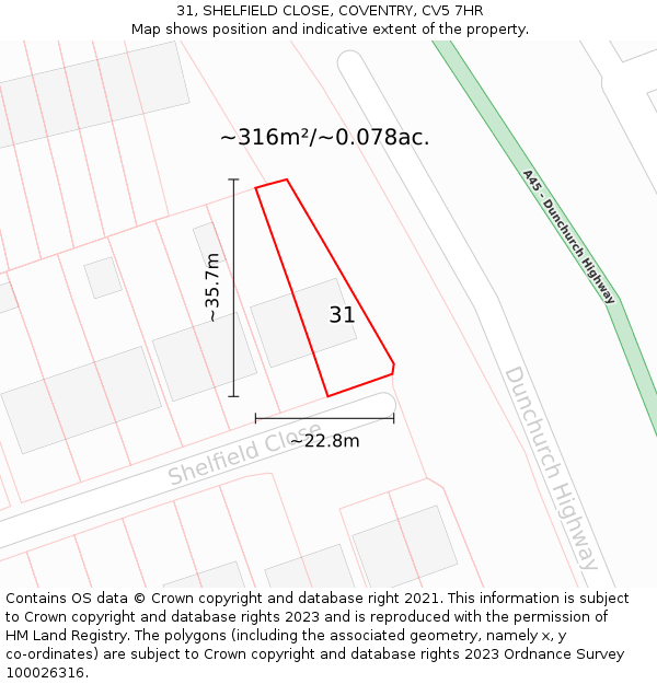 31, SHELFIELD CLOSE, COVENTRY, CV5 7HR: Plot and title map