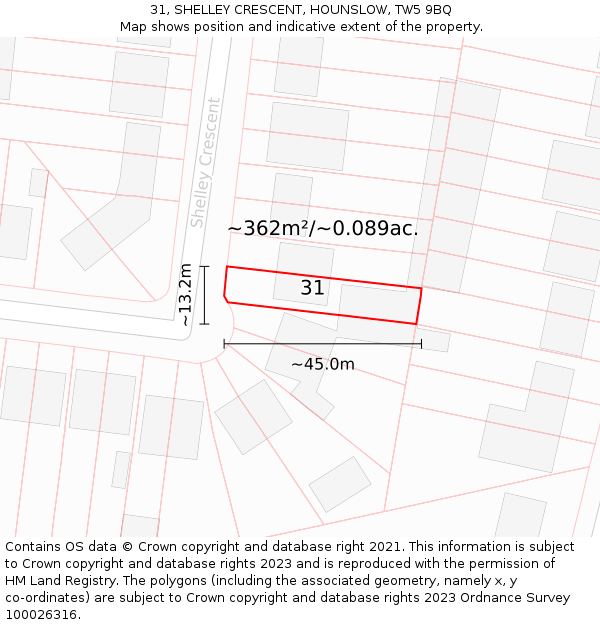 31, SHELLEY CRESCENT, HOUNSLOW, TW5 9BQ: Plot and title map