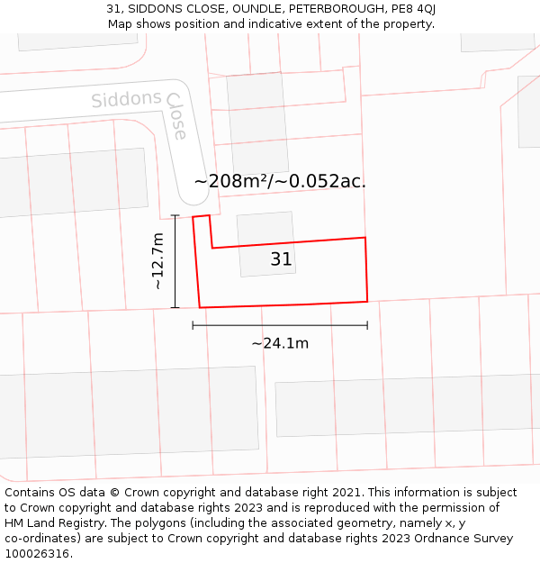 31, SIDDONS CLOSE, OUNDLE, PETERBOROUGH, PE8 4QJ: Plot and title map