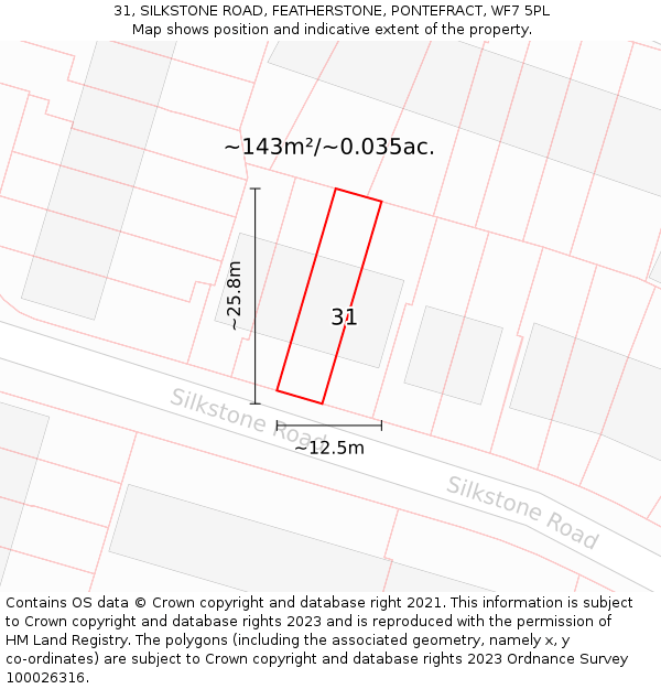 31, SILKSTONE ROAD, FEATHERSTONE, PONTEFRACT, WF7 5PL: Plot and title map