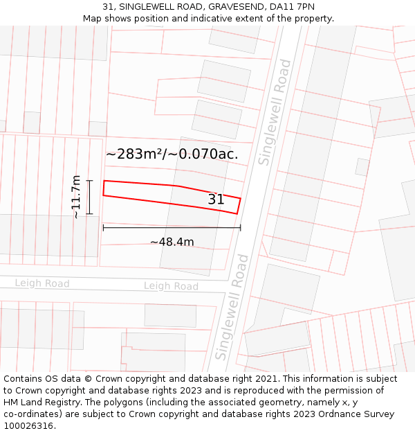 31, SINGLEWELL ROAD, GRAVESEND, DA11 7PN: Plot and title map