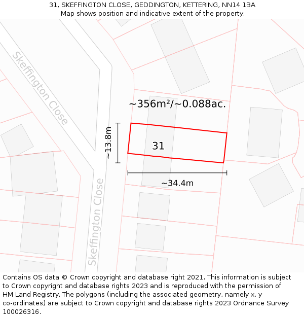 31, SKEFFINGTON CLOSE, GEDDINGTON, KETTERING, NN14 1BA: Plot and title map