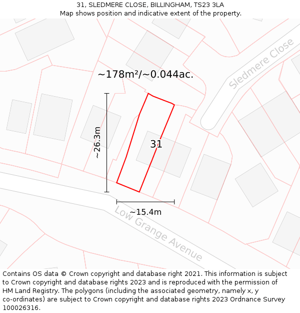 31, SLEDMERE CLOSE, BILLINGHAM, TS23 3LA: Plot and title map