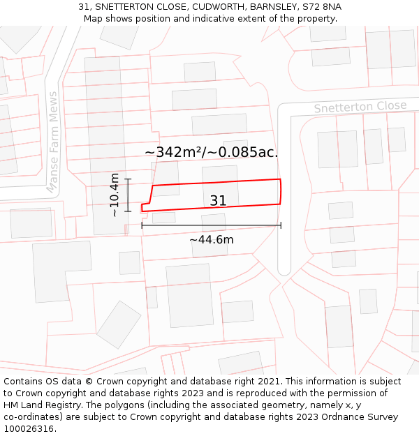 31, SNETTERTON CLOSE, CUDWORTH, BARNSLEY, S72 8NA: Plot and title map