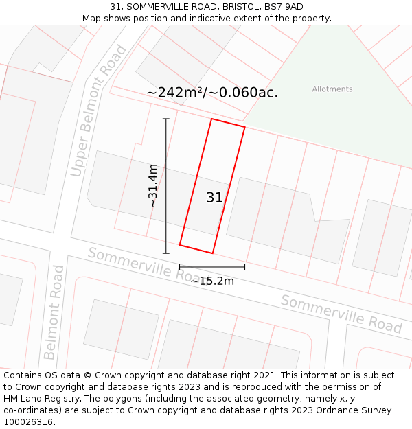 31, SOMMERVILLE ROAD, BRISTOL, BS7 9AD: Plot and title map
