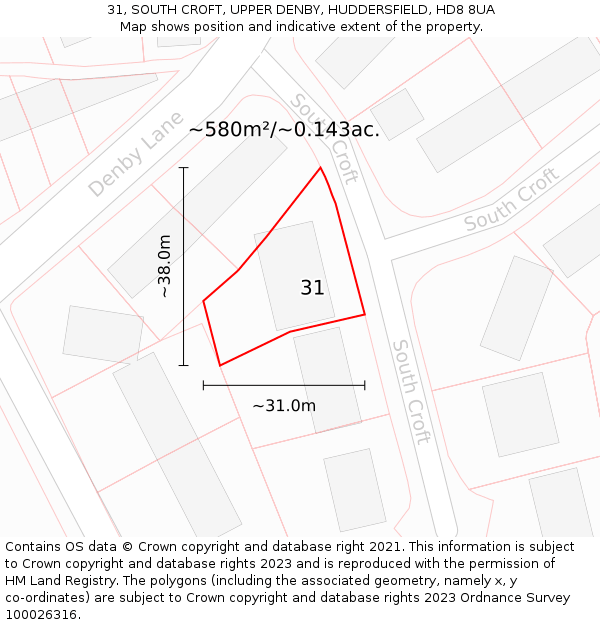 31, SOUTH CROFT, UPPER DENBY, HUDDERSFIELD, HD8 8UA: Plot and title map