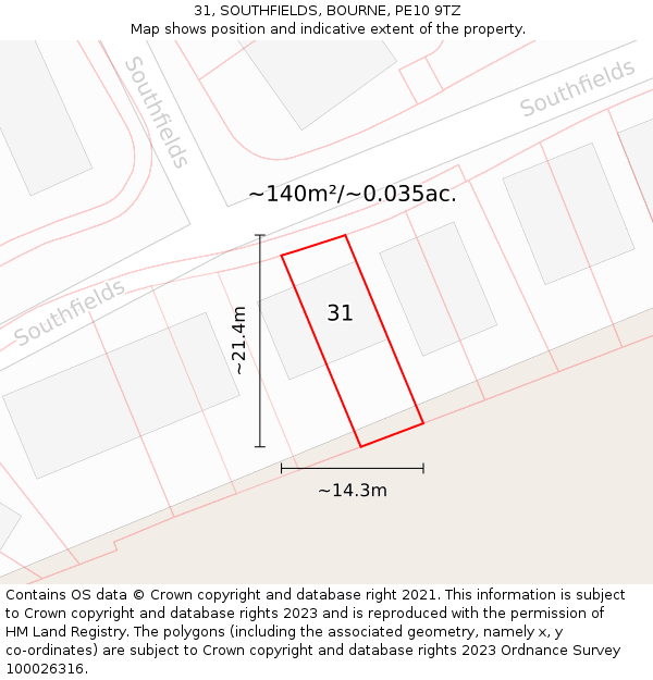 31, SOUTHFIELDS, BOURNE, PE10 9TZ: Plot and title map