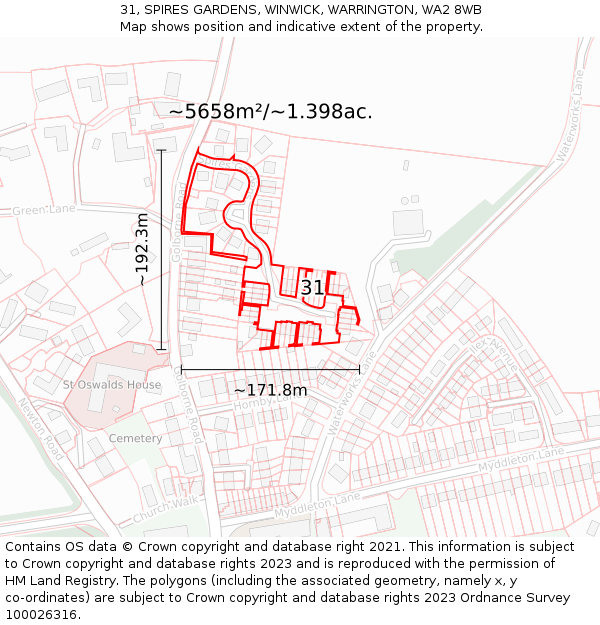 31, SPIRES GARDENS, WINWICK, WARRINGTON, WA2 8WB: Plot and title map