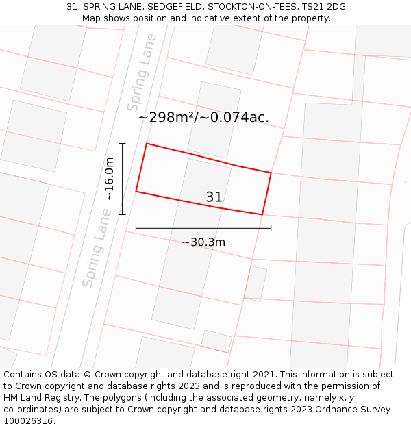31, SPRING LANE, SEDGEFIELD, STOCKTON-ON-TEES, TS21 2DG: Plot and title map