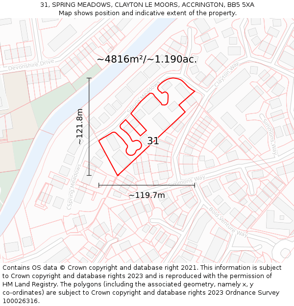 31, SPRING MEADOWS, CLAYTON LE MOORS, ACCRINGTON, BB5 5XA: Plot and title map