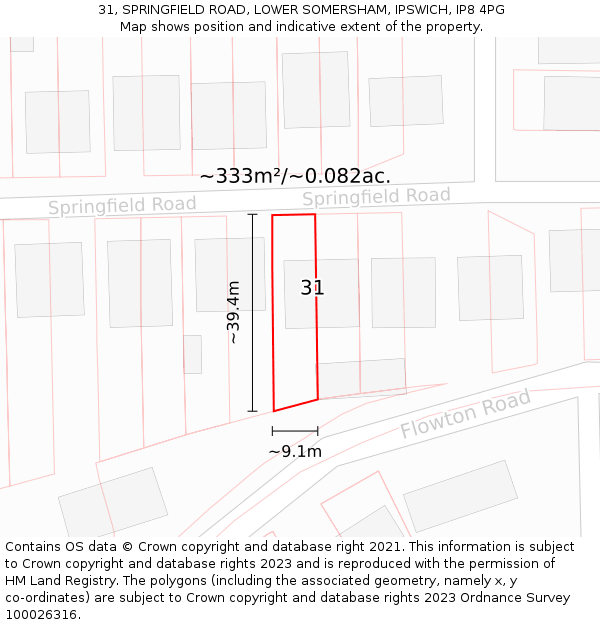 31, SPRINGFIELD ROAD, LOWER SOMERSHAM, IPSWICH, IP8 4PG: Plot and title map