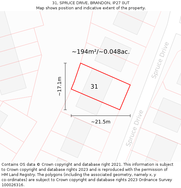 31, SPRUCE DRIVE, BRANDON, IP27 0UT: Plot and title map