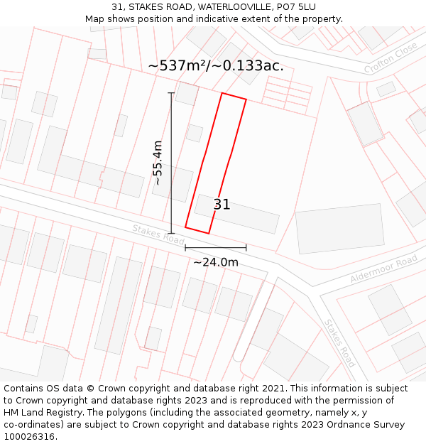 31, STAKES ROAD, WATERLOOVILLE, PO7 5LU: Plot and title map