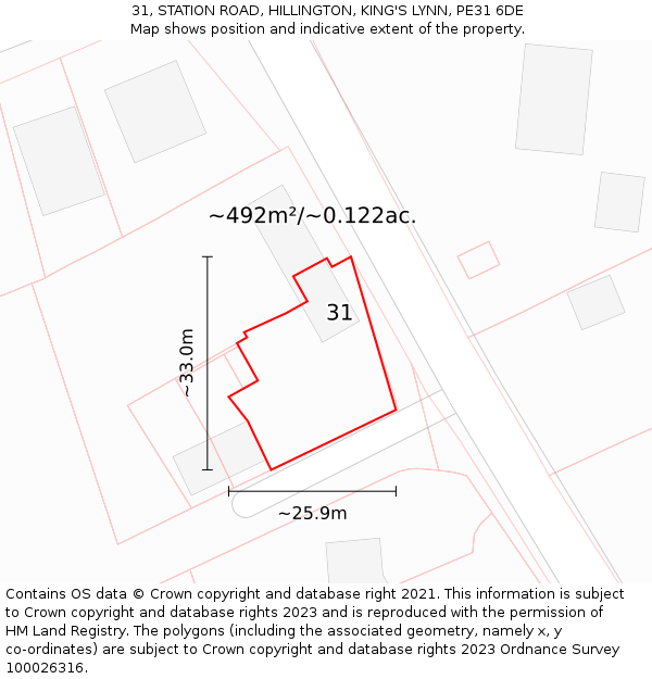 31, STATION ROAD, HILLINGTON, KING'S LYNN, PE31 6DE: Plot and title map