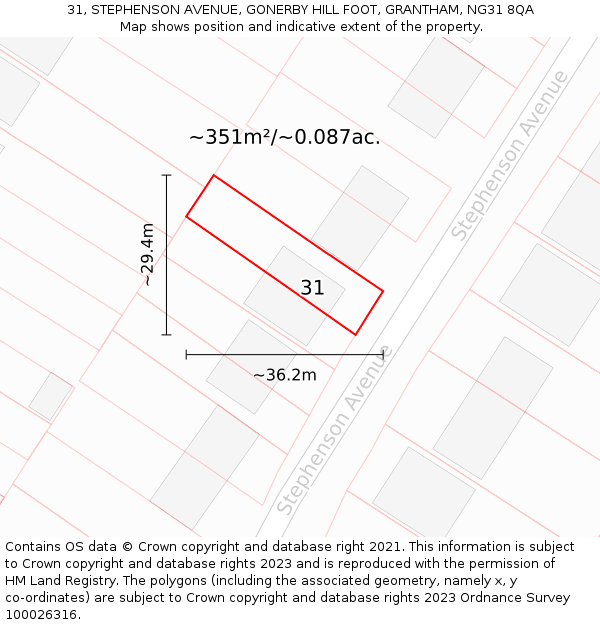 31, STEPHENSON AVENUE, GONERBY HILL FOOT, GRANTHAM, NG31 8QA: Plot and title map