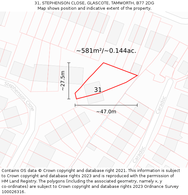 31, STEPHENSON CLOSE, GLASCOTE, TAMWORTH, B77 2DG: Plot and title map