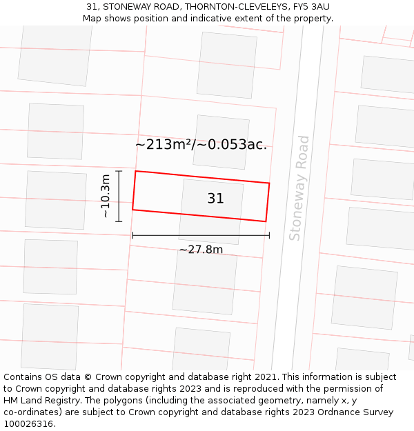 31, STONEWAY ROAD, THORNTON-CLEVELEYS, FY5 3AU: Plot and title map