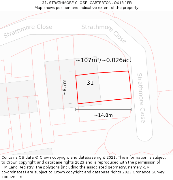 31, STRATHMORE CLOSE, CARTERTON, OX18 1FB: Plot and title map