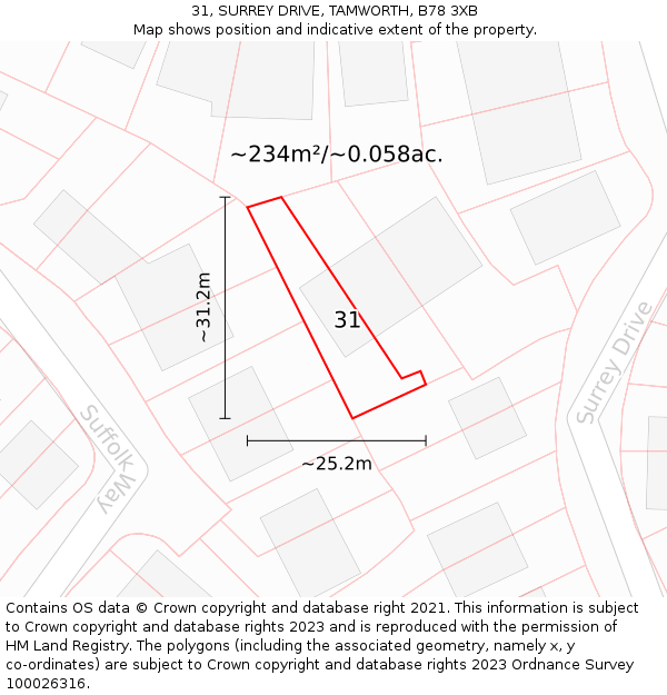 31, SURREY DRIVE, TAMWORTH, B78 3XB: Plot and title map