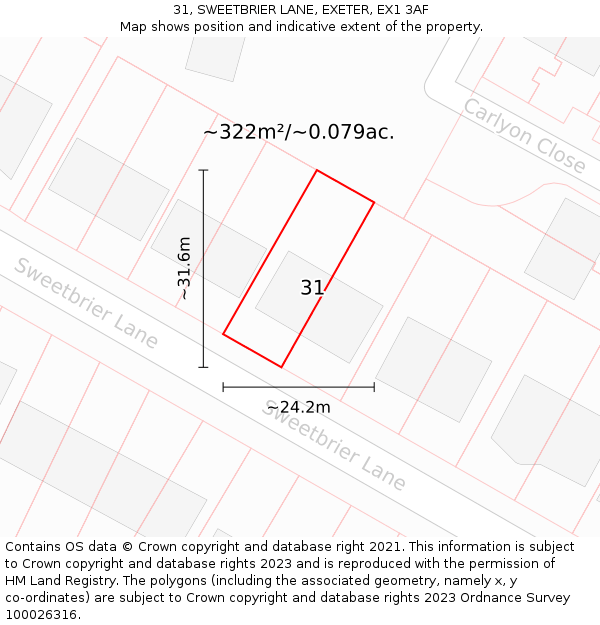 31, SWEETBRIER LANE, EXETER, EX1 3AF: Plot and title map