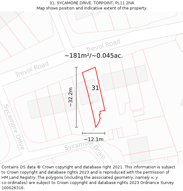 31, SYCAMORE DRIVE, TORPOINT, PL11 2NA: Plot and title map