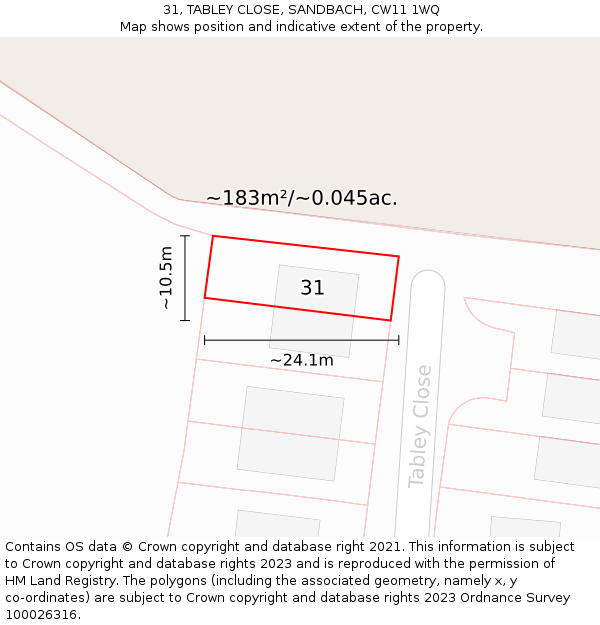 31, TABLEY CLOSE, SANDBACH, CW11 1WQ: Plot and title map