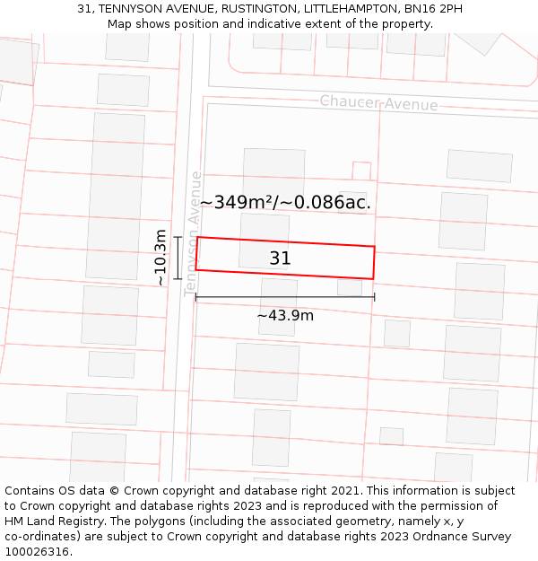 31, TENNYSON AVENUE, RUSTINGTON, LITTLEHAMPTON, BN16 2PH: Plot and title map