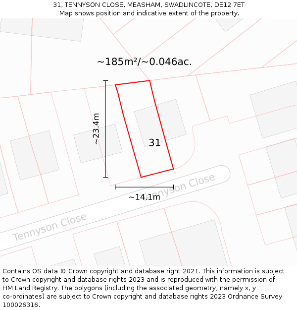 31, TENNYSON CLOSE, MEASHAM, SWADLINCOTE, DE12 7ET: Plot and title map