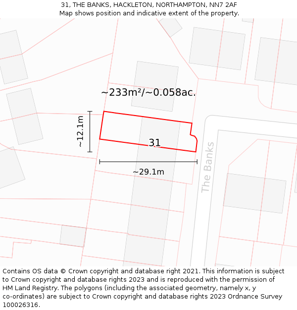 31, THE BANKS, HACKLETON, NORTHAMPTON, NN7 2AF: Plot and title map