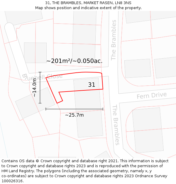 31, THE BRAMBLES, MARKET RASEN, LN8 3NS: Plot and title map