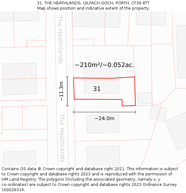31, THE HEATHLANDS, GILFACH GOCH, PORTH, CF39 8TT: Plot and title map
