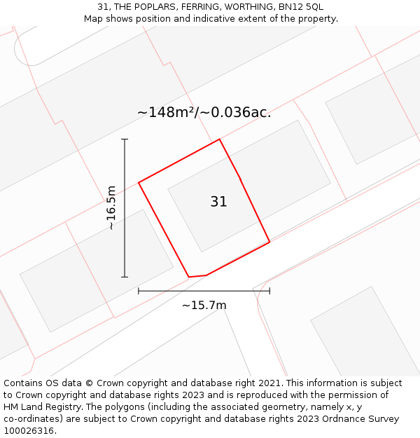 31, THE POPLARS, FERRING, WORTHING, BN12 5QL: Plot and title map