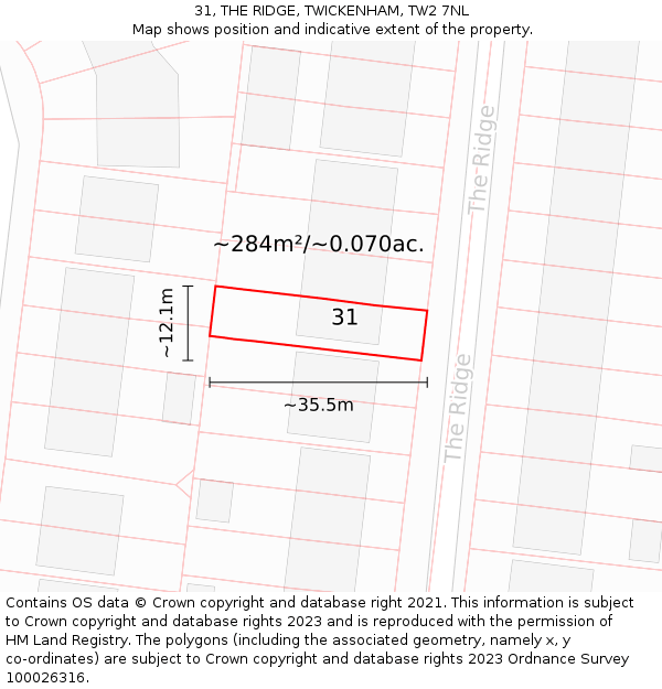 31, THE RIDGE, TWICKENHAM, TW2 7NL: Plot and title map